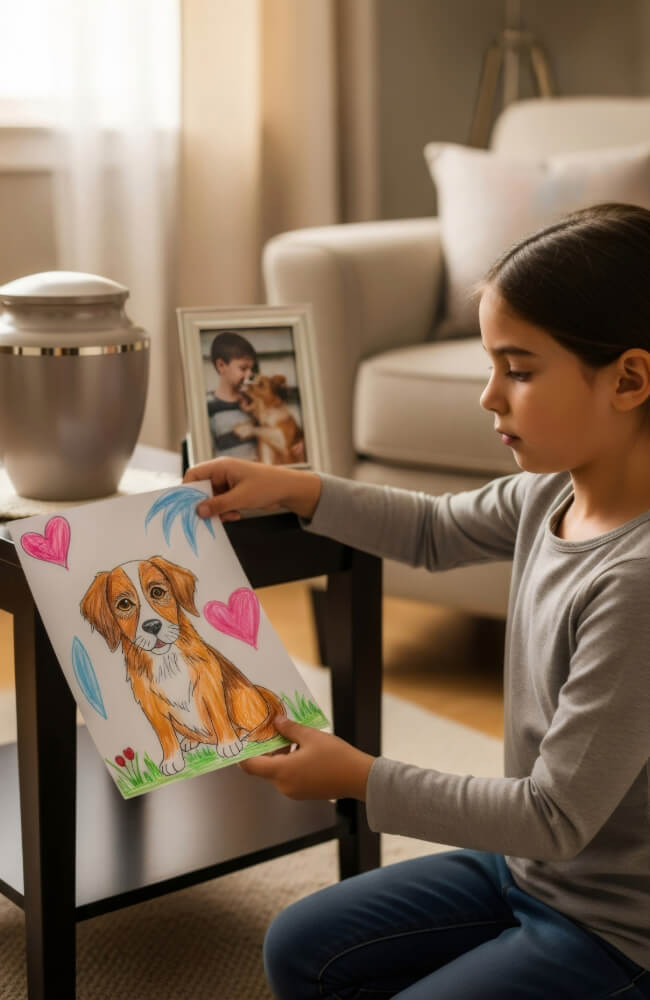 Grief Pet Loss Support young girl holding drawing of dog with dog urn in the background